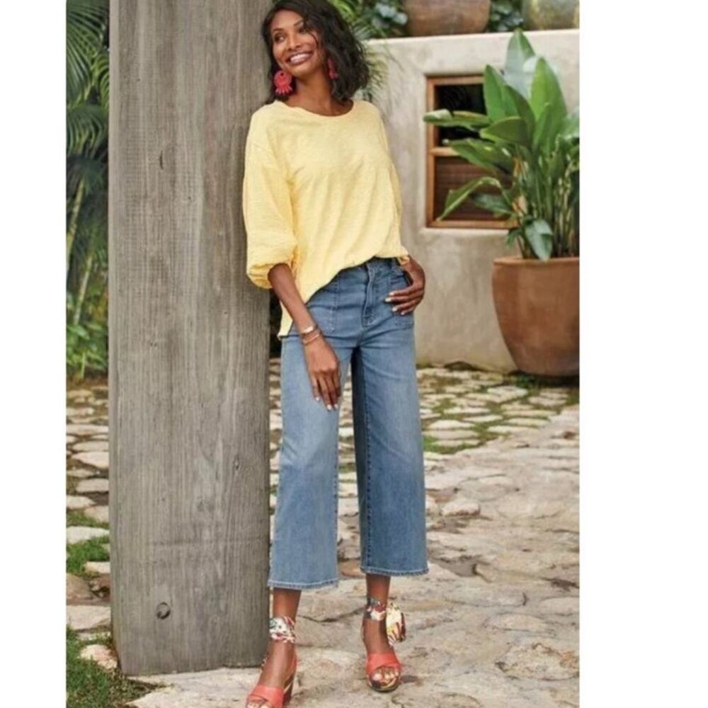 Soft Surroundings The Ultimate Denim Wide Leg Cropped Jeans Mystic Wash Size 8